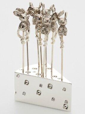 Vintage Elegance Silver Mouse Cheese Picks Set Novelty Party Cocktail Pins NIB